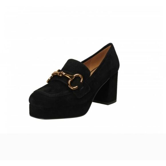 Anthropologie Bibi Lou Mojave Chunky Heel Suede Black Platform Loafers Size 39 - Picture 1 of 8